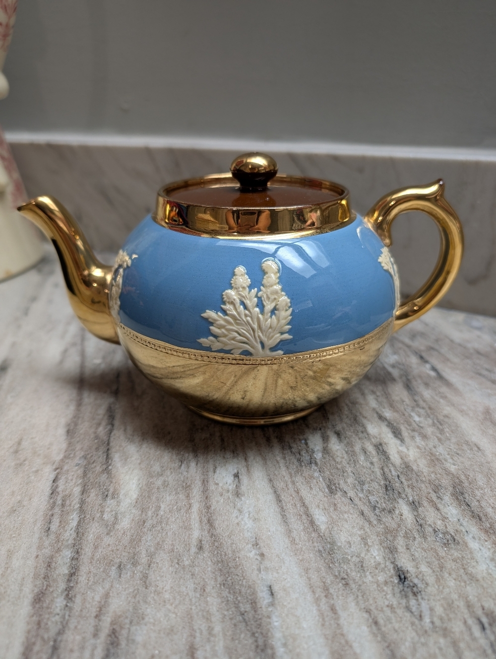 Gibsons Staffordshire England Blue and Gold Jasperware Teapot